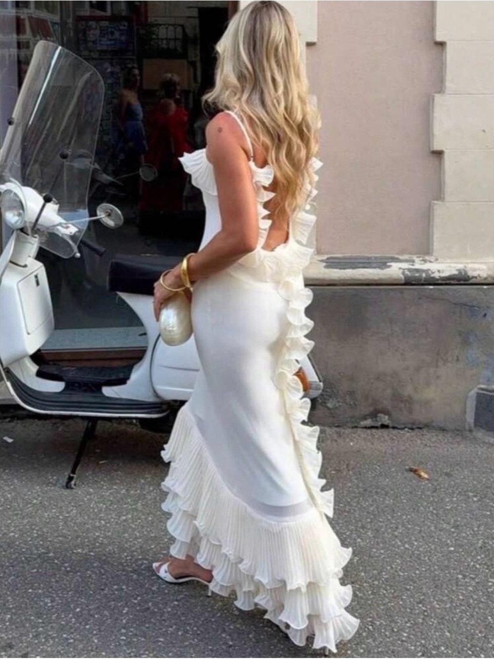 Elegant White Ruffle-Trim Maxi Dress - Women's